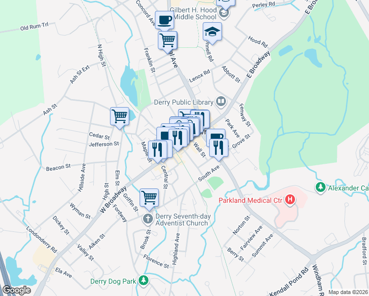 map of restaurants, bars, coffee shops, grocery stores, and more near 11 East Broadway in Derry