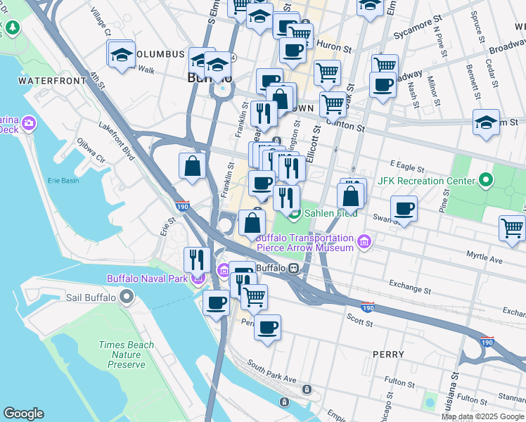 map of restaurants, bars, coffee shops, grocery stores, and more near 249 Main Street in Buffalo