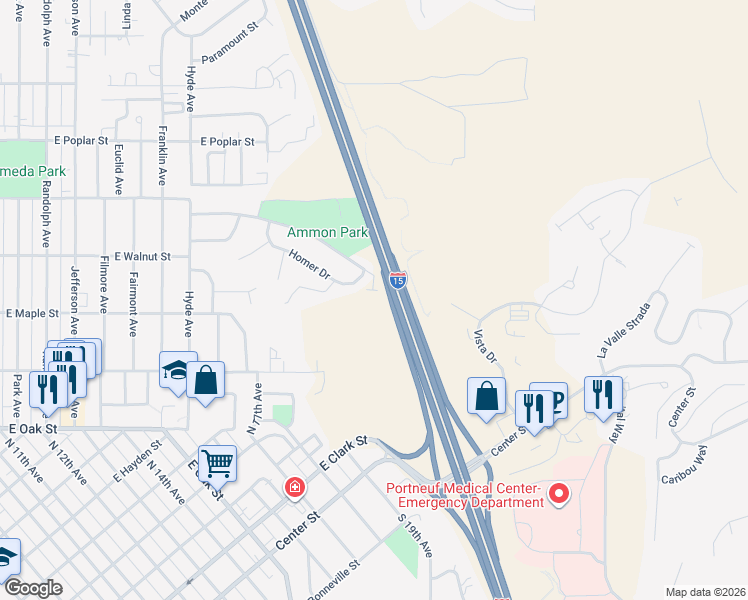 map of restaurants, bars, coffee shops, grocery stores, and more near 1671 Homer Drive in Pocatello