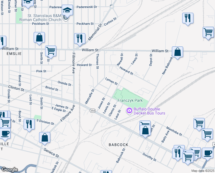 map of restaurants, bars, coffee shops, grocery stores, and more near 95 Jones Street in Buffalo