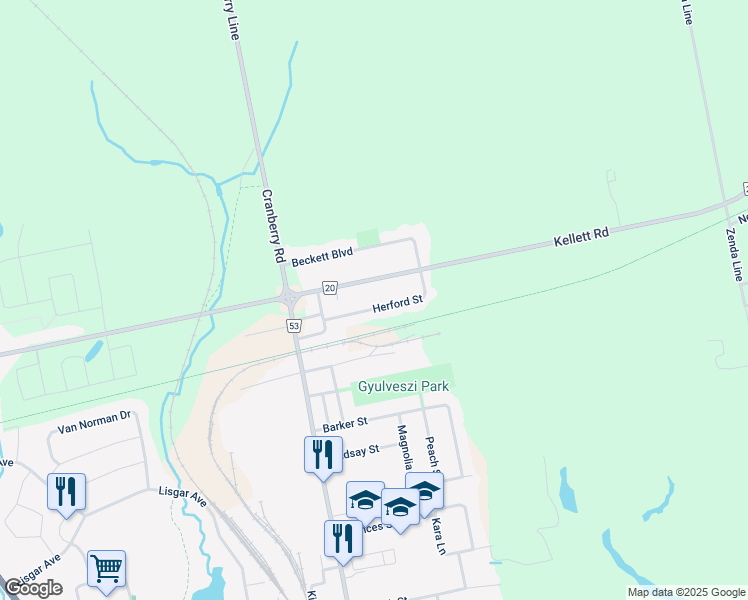 map of restaurants, bars, coffee shops, grocery stores, and more near 19 Herford Street in Tillsonburg