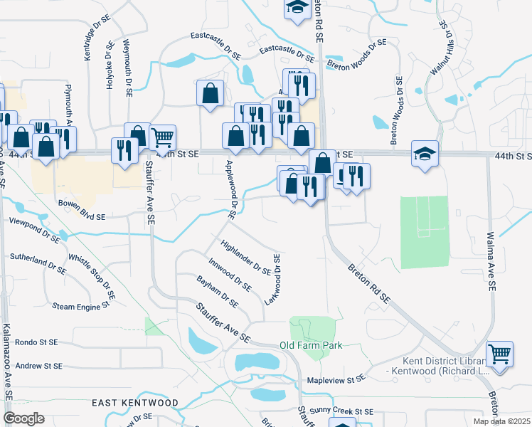 map of restaurants, bars, coffee shops, grocery stores, and more near 4555 Countrywood Court Southeast in Kentwood