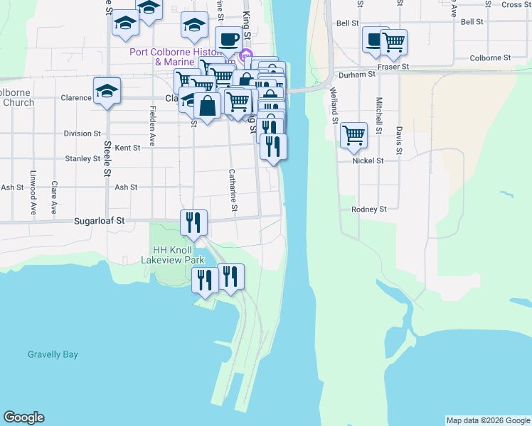 map of restaurants, bars, coffee shops, grocery stores, and more near 21 Sugarloaf Street in Port Colborne