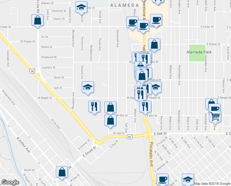 map of restaurants, bars, coffee shops, grocery stores, and more near 319 Roosevelt Avenue in Pocatello