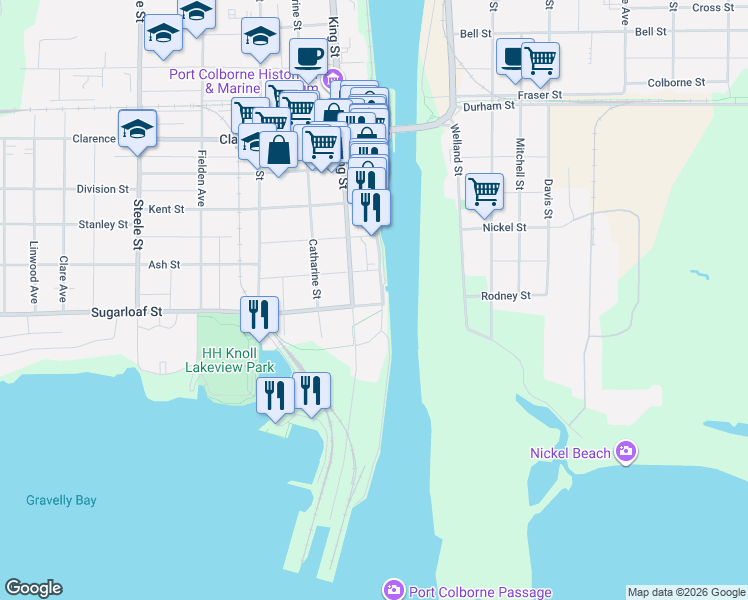 map of restaurants, bars, coffee shops, grocery stores, and more near 56 West Street in Port Colborne