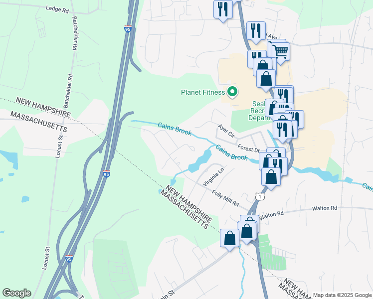 map of restaurants, bars, coffee shops, grocery stores, and more near 84 Folly Mill Road in Seabrook