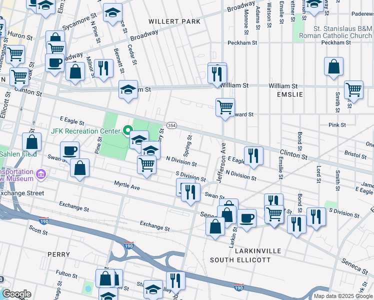 map of restaurants, bars, coffee shops, grocery stores, and more near 502 North Division Street in Buffalo