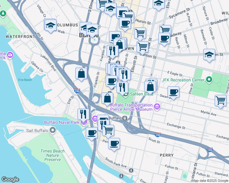 map of restaurants, bars, coffee shops, grocery stores, and more near in Buffalo
