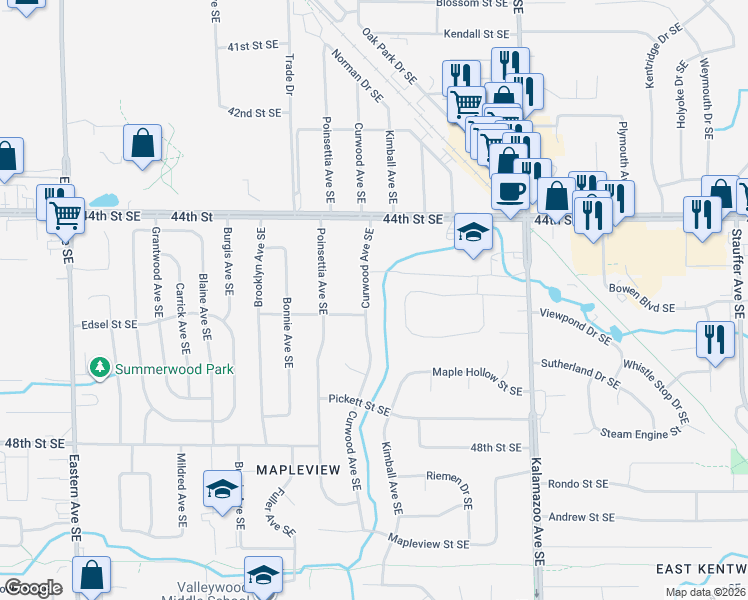 map of restaurants, bars, coffee shops, grocery stores, and more near 4530 Curwood Avenue Southeast in Kentwood