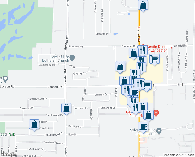 map of restaurants, bars, coffee shops, grocery stores, and more near 39 Jeffrey Drive in Depew