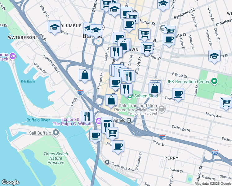 map of restaurants, bars, coffee shops, grocery stores, and more near 249 Main Street in Buffalo