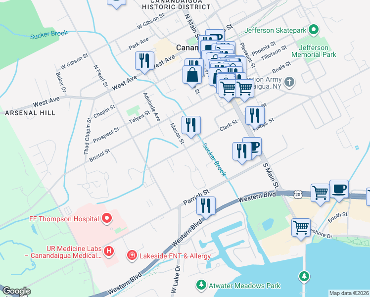 map of restaurants, bars, coffee shops, grocery stores, and more near 114 Clark Street in Canandaigua