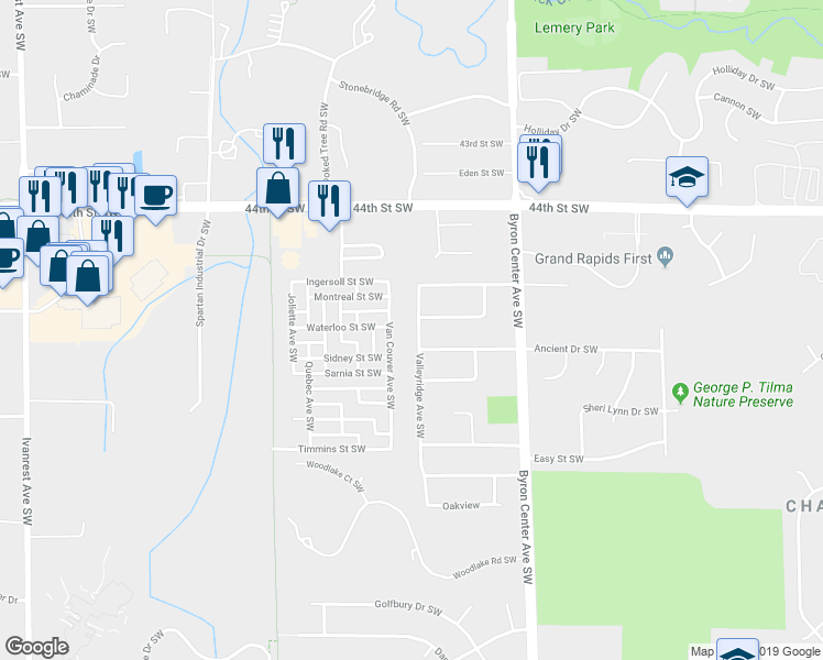 map of restaurants, bars, coffee shops, grocery stores, and more near 4589 Valleyridge Avenue Southwest in Wyoming