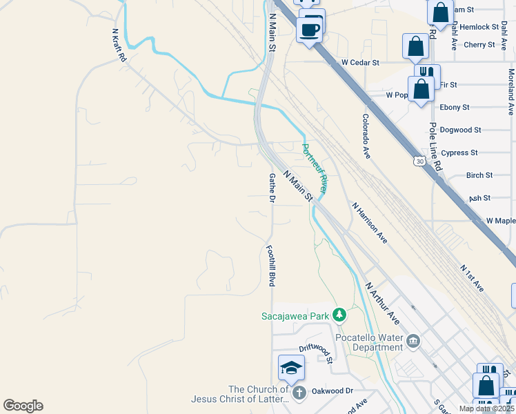 map of restaurants, bars, coffee shops, grocery stores, and more near 8309 North Gathe Road in Pocatello