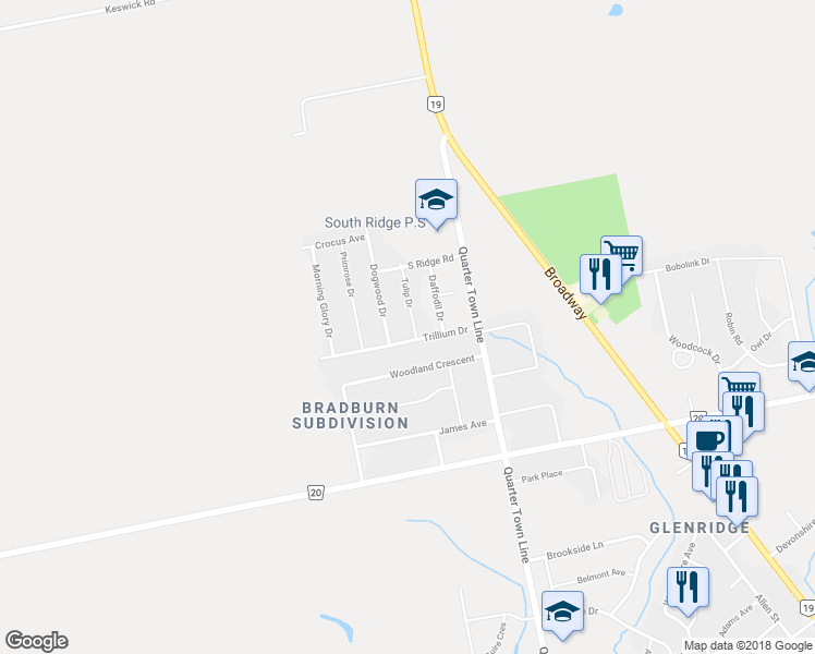 map of restaurants, bars, coffee shops, grocery stores, and more near 5 Tulip Drive in Tillsonburg