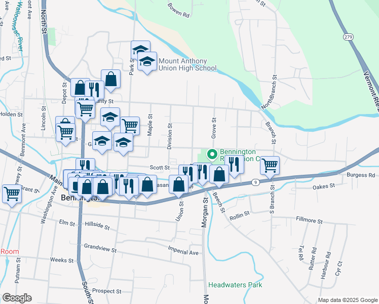 map of restaurants, bars, coffee shops, grocery stores, and more near 212 Safford Street in Bennington