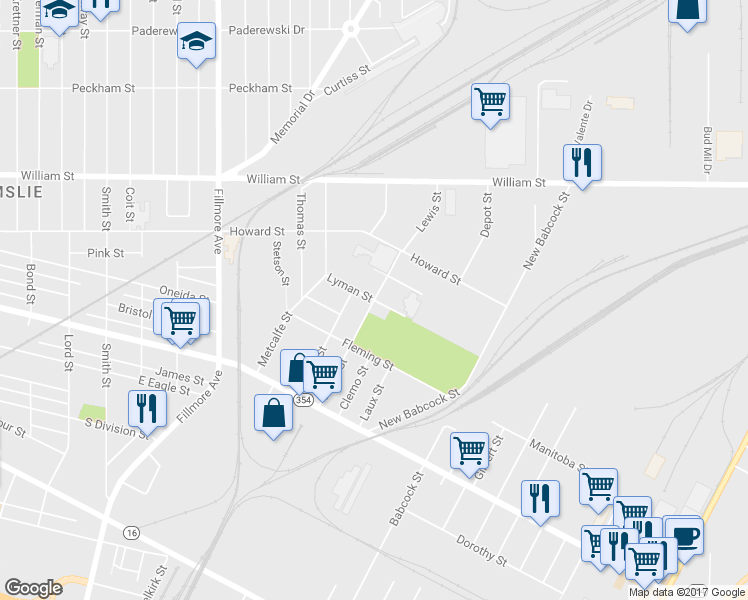 map of restaurants, bars, coffee shops, grocery stores, and more near Lewis Street in Buffalo