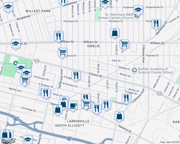 map of restaurants, bars, coffee shops, grocery stores, and more near 150 Emslie Street in Buffalo