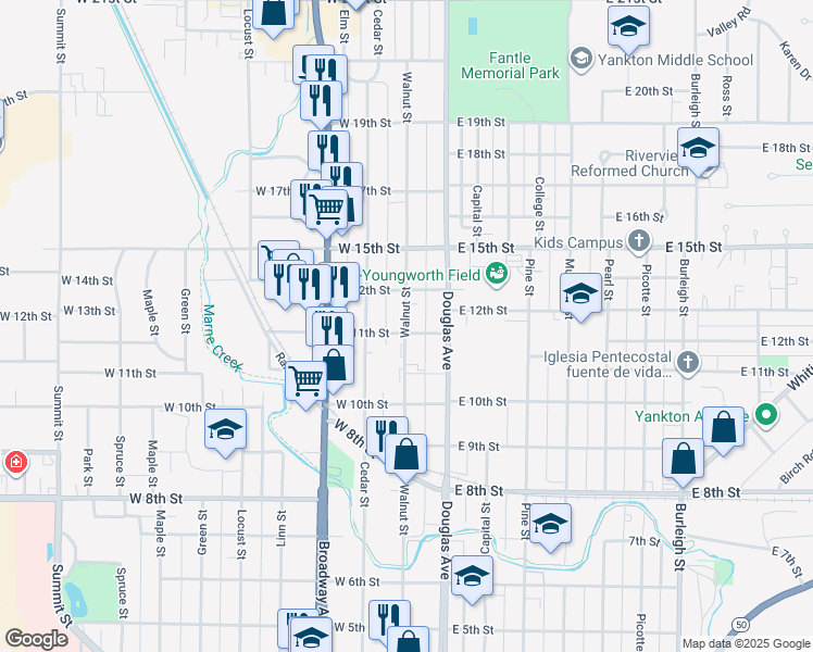 map of restaurants, bars, coffee shops, grocery stores, and more near 1100 Walnut Street in Yankton