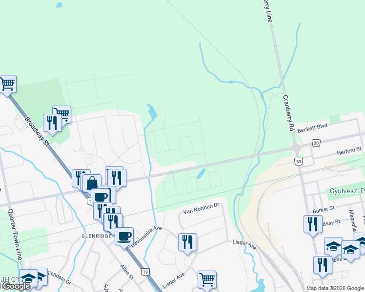 map of restaurants, bars, coffee shops, grocery stores, and more near 30 Keba Crescent in Tillsonburg