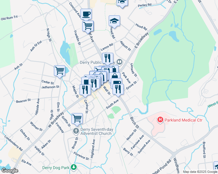 map of restaurants, bars, coffee shops, grocery stores, and more near 15 New Hampshire 28 in Derry