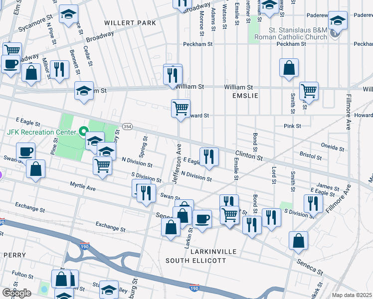 map of restaurants, bars, coffee shops, grocery stores, and more near 175 Jefferson Avenue in Buffalo