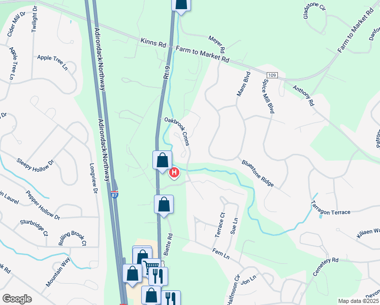map of restaurants, bars, coffee shops, grocery stores, and more near 108 Oakbrook Commons in Saratoga County