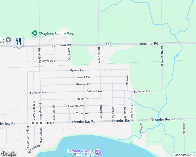 map of restaurants, bars, coffee shops, grocery stores, and more near 223 Bernard Avenue in Fort Erie