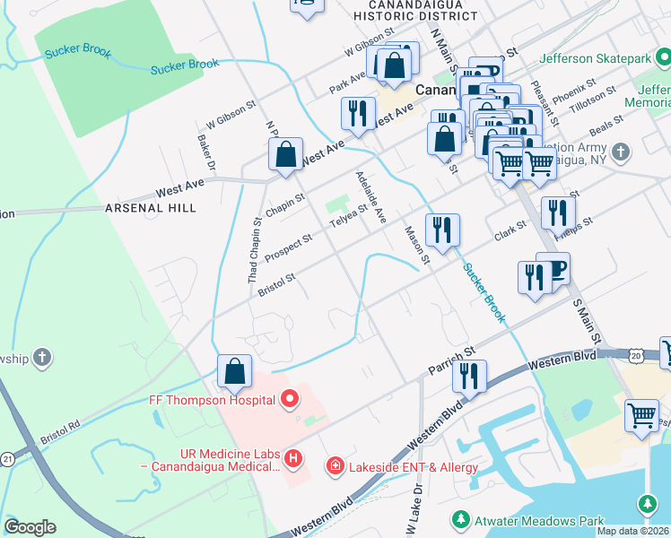 map of restaurants, bars, coffee shops, grocery stores, and more near 240 South Pearl Street in Canandaigua