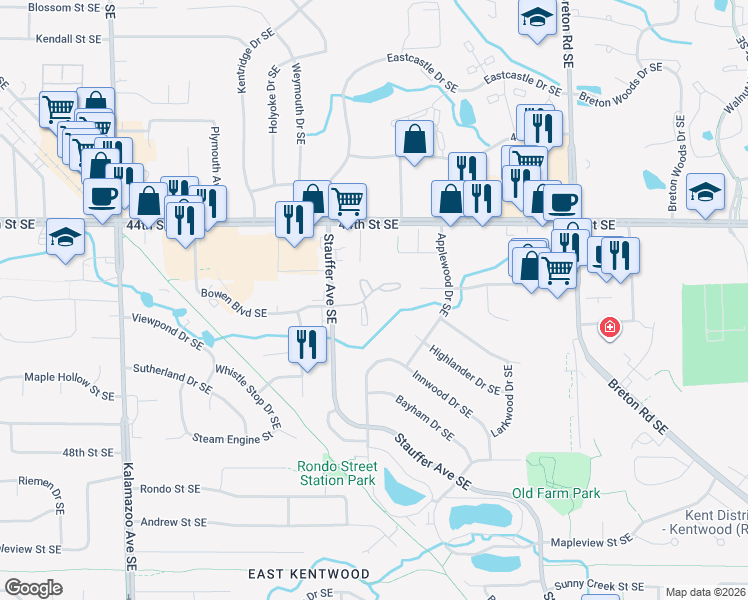 map of restaurants, bars, coffee shops, grocery stores, and more near 4493 Woodrose Court Southeast in Kentwood