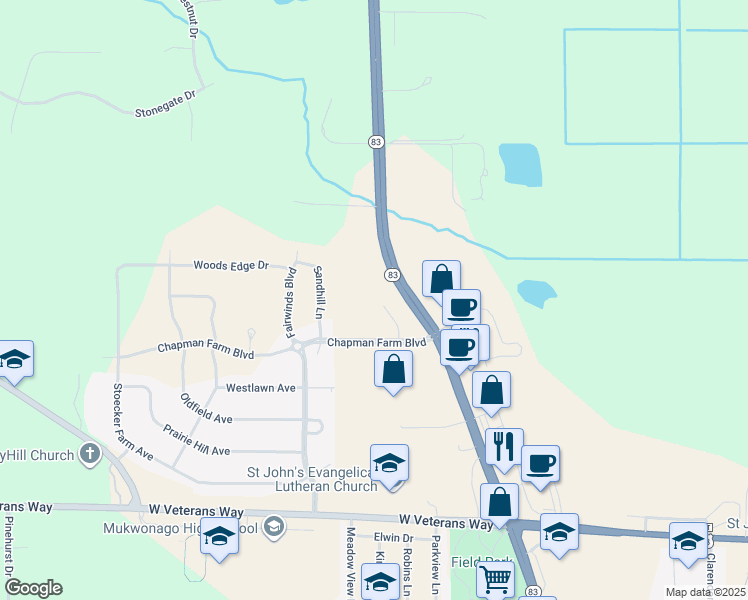 map of restaurants, bars, coffee shops, grocery stores, and more near 120 Chapman Farm Boulevard in Mukwonago