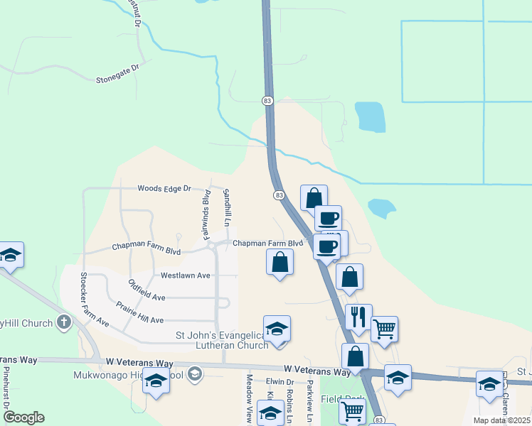 map of restaurants, bars, coffee shops, grocery stores, and more near 120 Chapman Farm Boulevard in Mukwonago