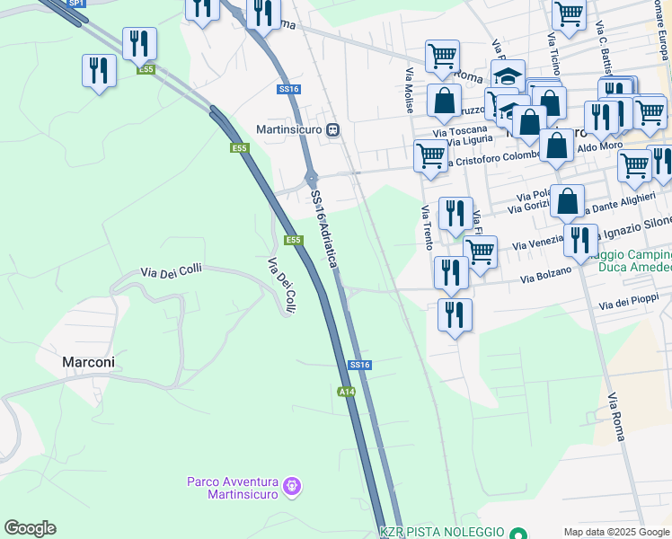 map of restaurants, bars, coffee shops, grocery stores, and more near Strada Statale 16 in Martinsicuro