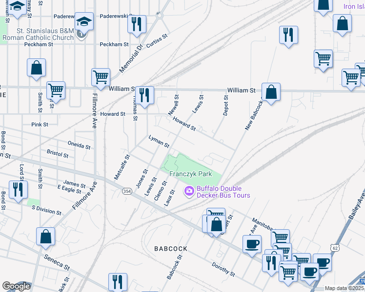 map of restaurants, bars, coffee shops, grocery stores, and more near 73 Holt Street in Buffalo
