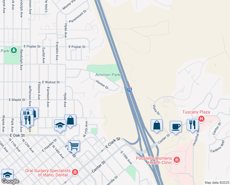map of restaurants, bars, coffee shops, grocery stores, and more near 1671 Homer Drive in Pocatello