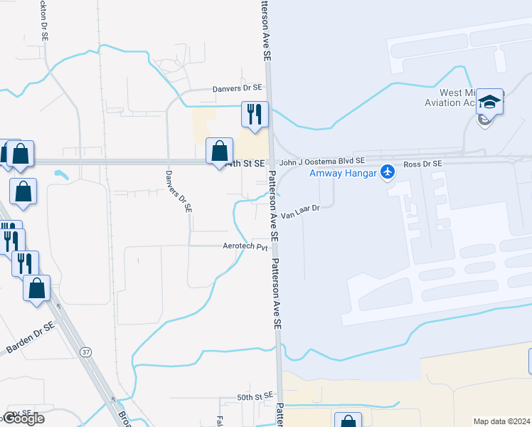 map of restaurants, bars, coffee shops, grocery stores, and more near 4521 Patterson Avenue Southeast in Kentwood