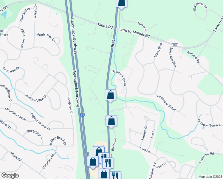 map of restaurants, bars, coffee shops, grocery stores, and more near 44 Oakbrook Commons in Saratoga County