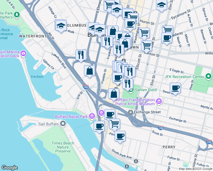 map of restaurants, bars, coffee shops, grocery stores, and more near 29 Erie Railroad in Buffalo