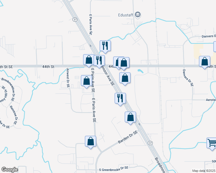 map of restaurants, bars, coffee shops, grocery stores, and more near 4595 Broadmoor Avenue Southeast in Grand Rapids
