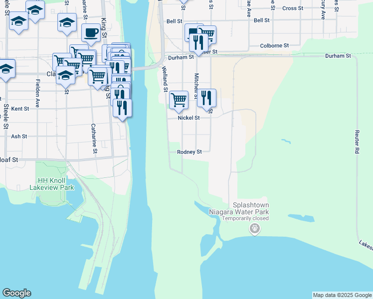map of restaurants, bars, coffee shops, grocery stores, and more near 86 Rodney Street in Port Colborne