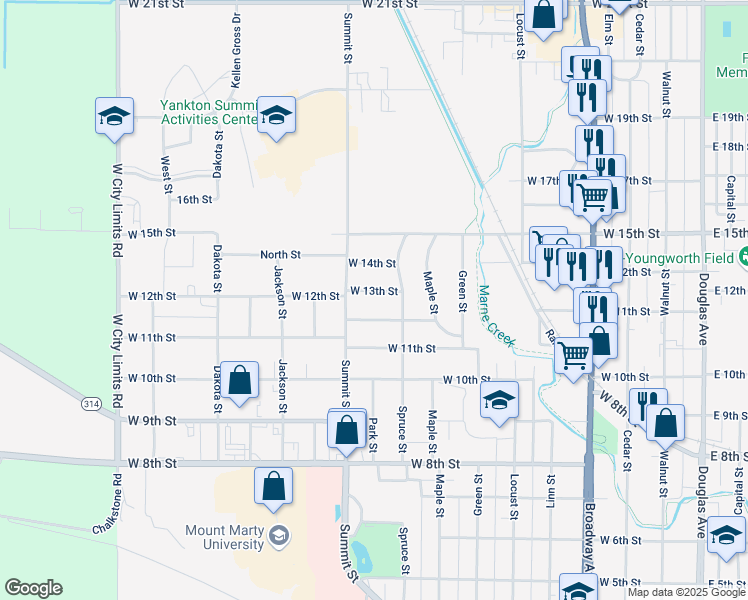 map of restaurants, bars, coffee shops, grocery stores, and more near 1301-1399 Spruce St in Yankton