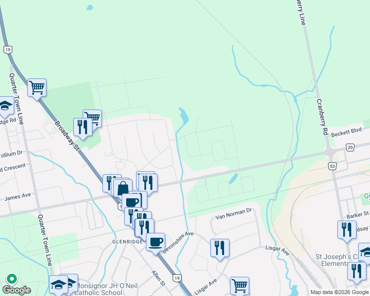 map of restaurants, bars, coffee shops, grocery stores, and more near 45 Lark Street in Tillsonburg