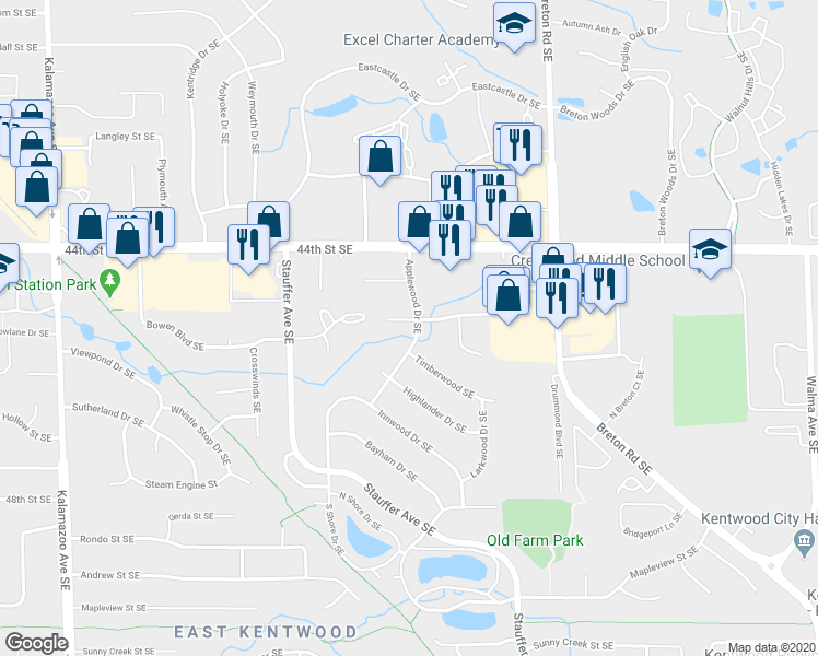 map of restaurants, bars, coffee shops, grocery stores, and more near 2160 Countrywood Drive Southeast in Kentwood
