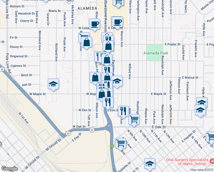 map of restaurants, bars, coffee shops, grocery stores, and more near 395 Pershing Avenue in Pocatello