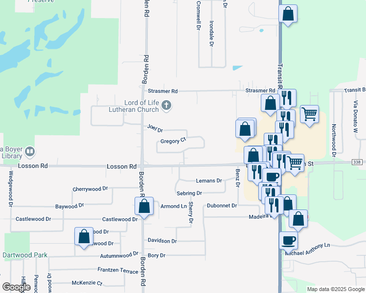 map of restaurants, bars, coffee shops, grocery stores, and more near 16 Jeffrey Drive in Depew