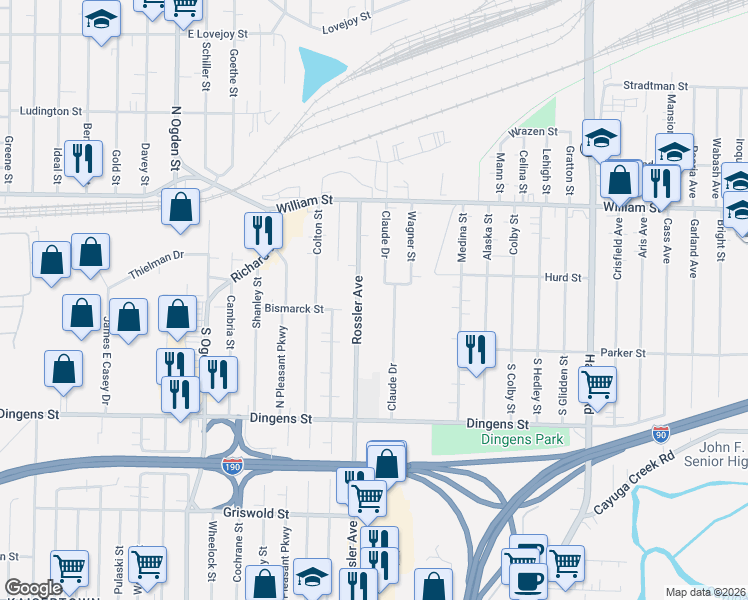 map of restaurants, bars, coffee shops, grocery stores, and more near 151 Claude Drive in Cheektowaga