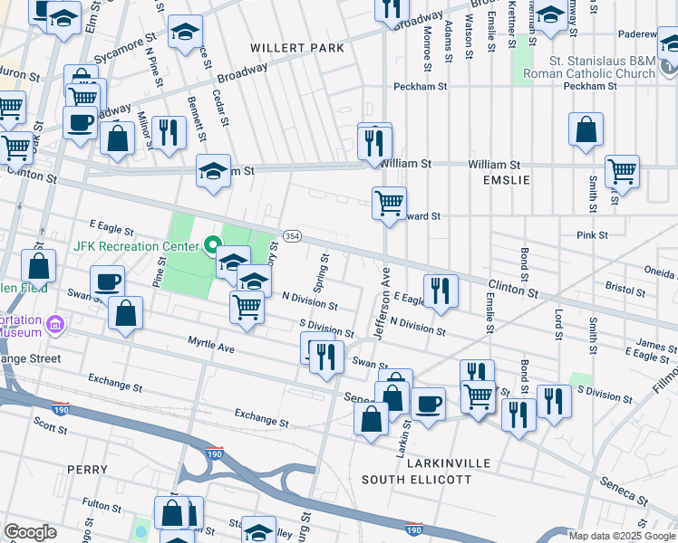 map of restaurants, bars, coffee shops, grocery stores, and more near 161 Spring Street in Buffalo