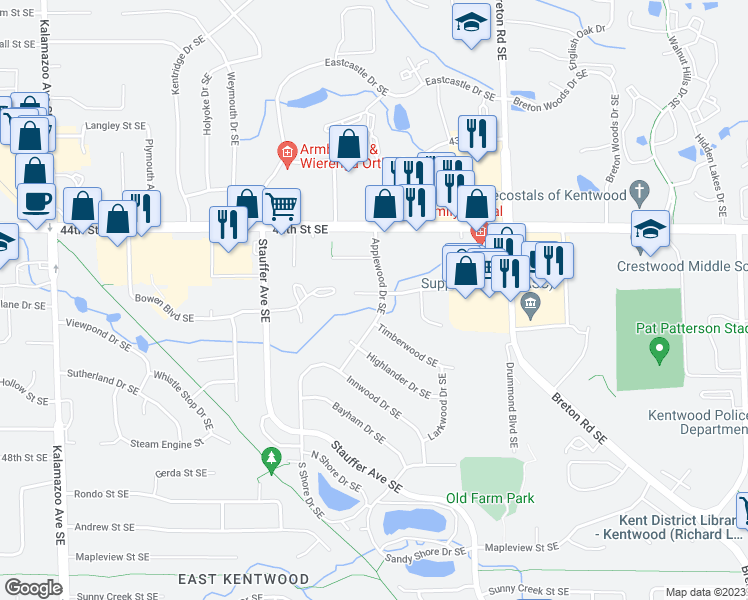 map of restaurants, bars, coffee shops, grocery stores, and more near 2162 Countrywood Drive Southeast in Kentwood