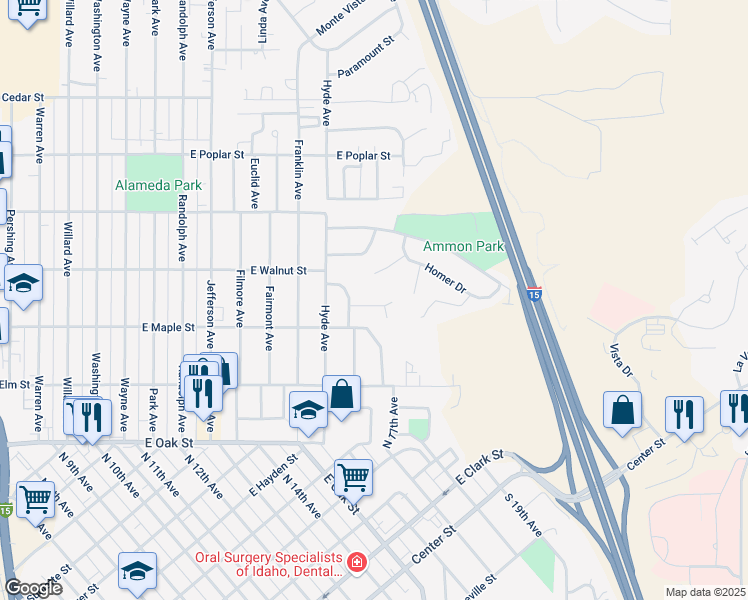 map of restaurants, bars, coffee shops, grocery stores, and more near 1458 Los Altos Way in Pocatello