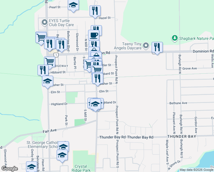 map of restaurants, bars, coffee shops, grocery stores, and more near 3637 Disher Street in Fort Erie